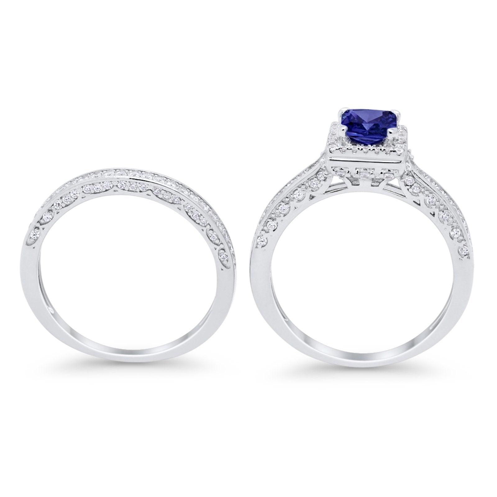 Halo Princess Cut Art Deco Wedding Bridal Set Ring Round Cubic Zirconia 925 Sterling Silver