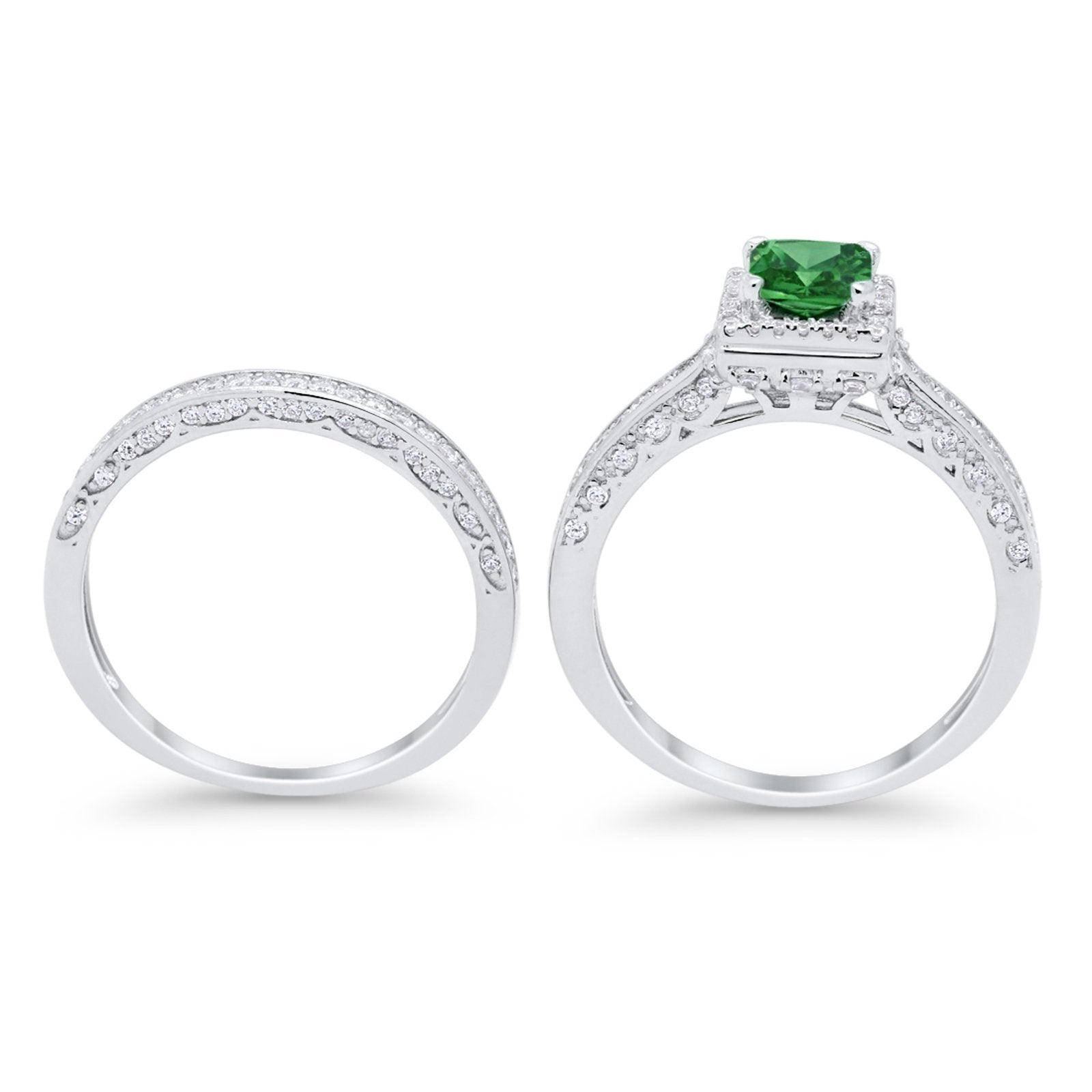 Halo Princess Cut Art Deco Wedding Bridal Set Ring Round Cubic Zirconia 925 Sterling Silver