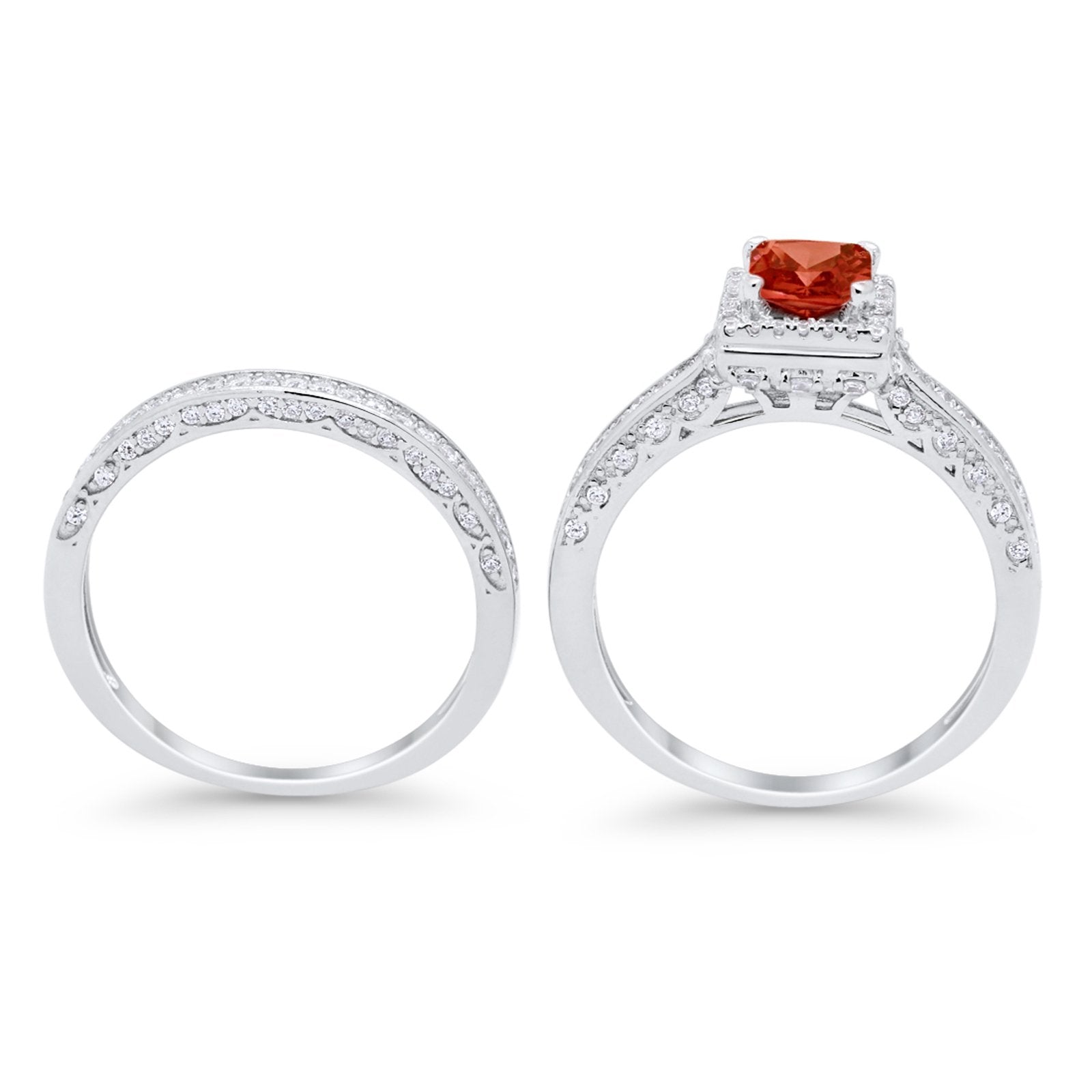 Halo Princess Cut Art Deco Wedding Bridal Set Ring Round Cubic Zirconia 925 Sterling Silver