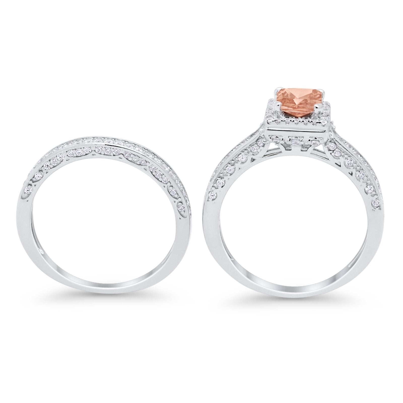 Halo Princess Cut Art Deco Wedding Bridal Set Ring Round Cubic Zirconia 925 Sterling Silver