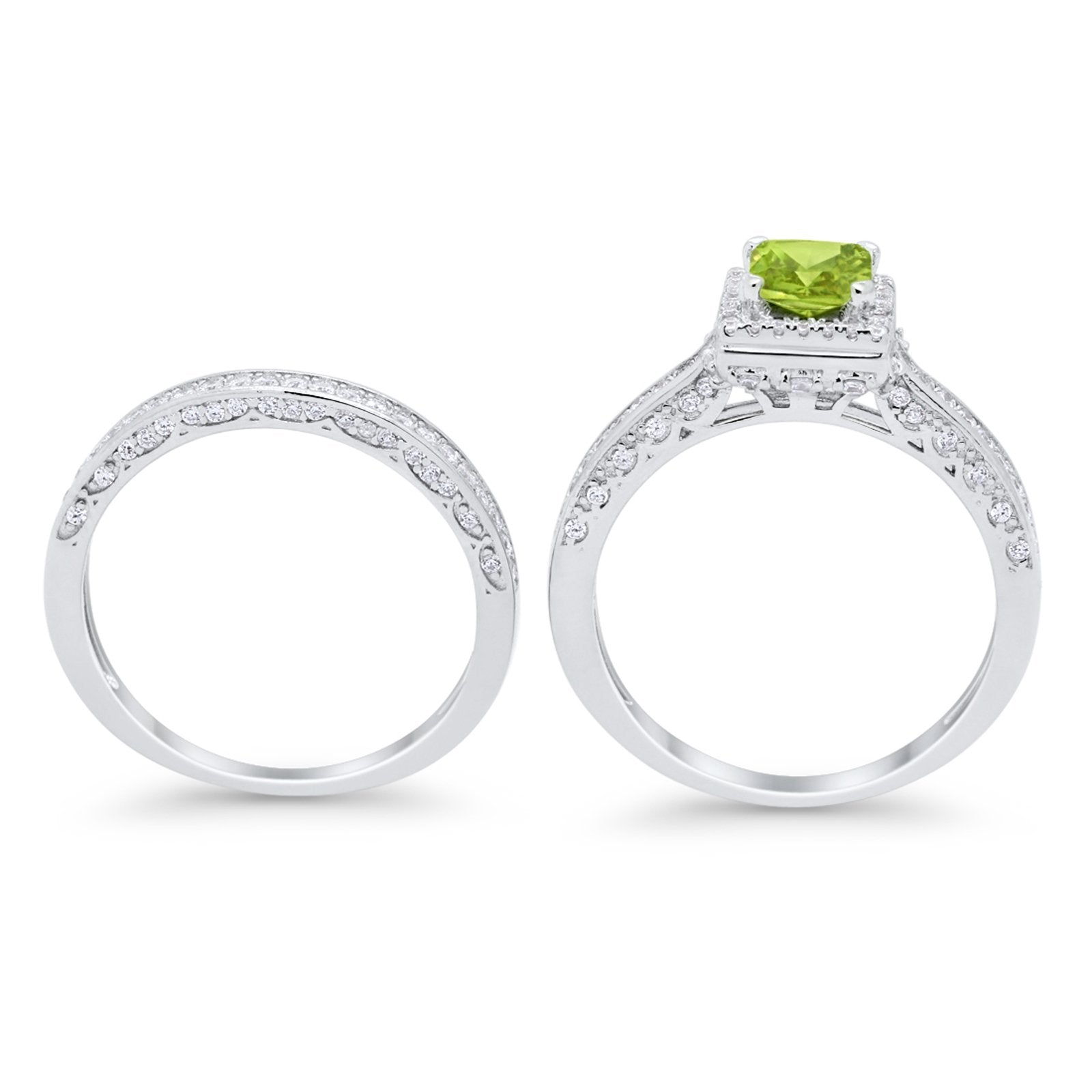 Halo Princess Cut Art Deco Wedding Bridal Set Ring Round Cubic Zirconia 925 Sterling Silver