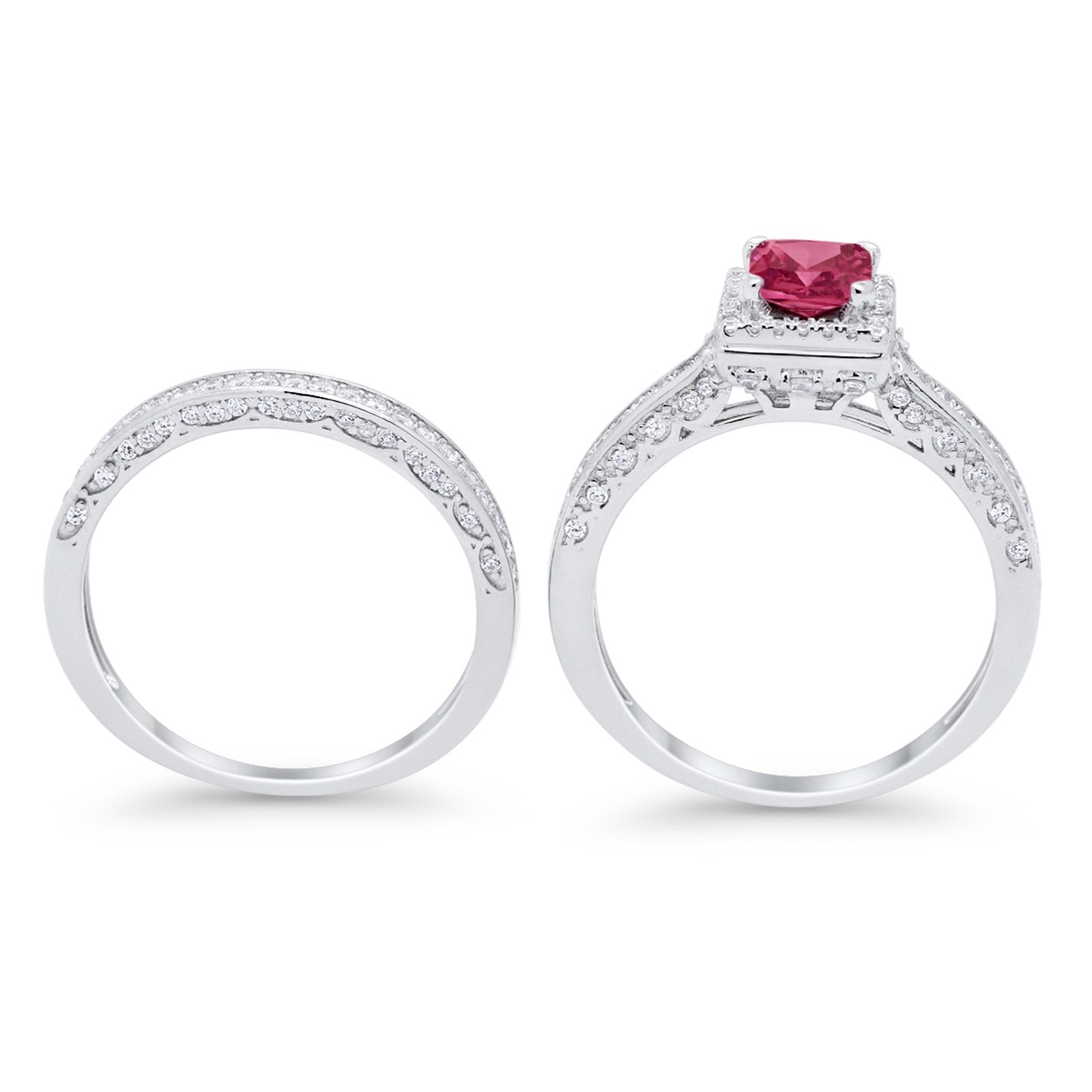 Halo Princess Cut Art Deco Wedding Bridal Set Ring Round Cubic Zirconia 925 Sterling Silver