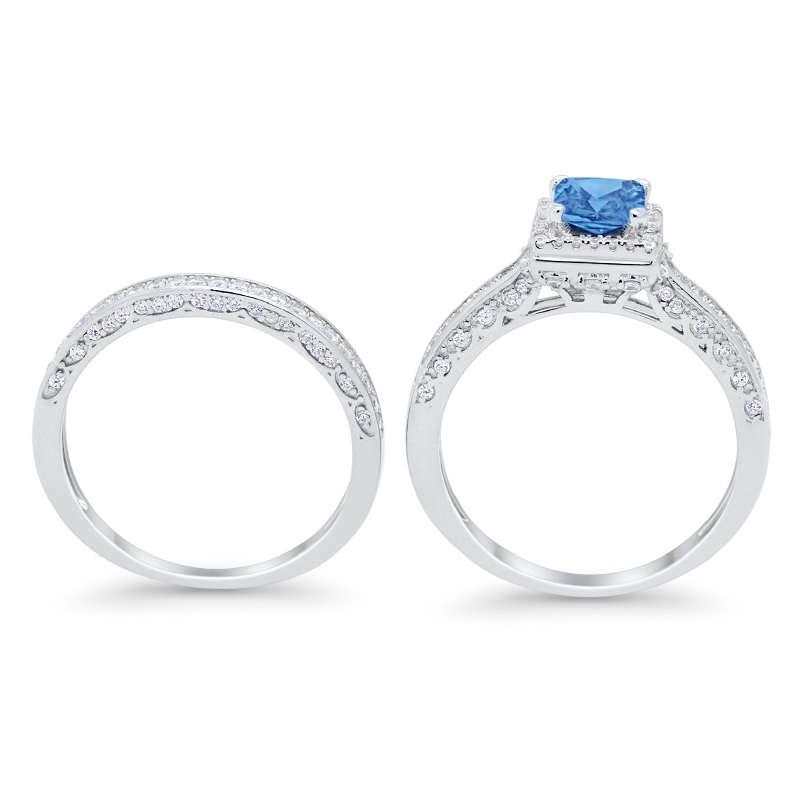 Halo Princess Cut Art Deco Wedding Bridal Set Ring Round Cubic Zirconia 925 Sterling Silver