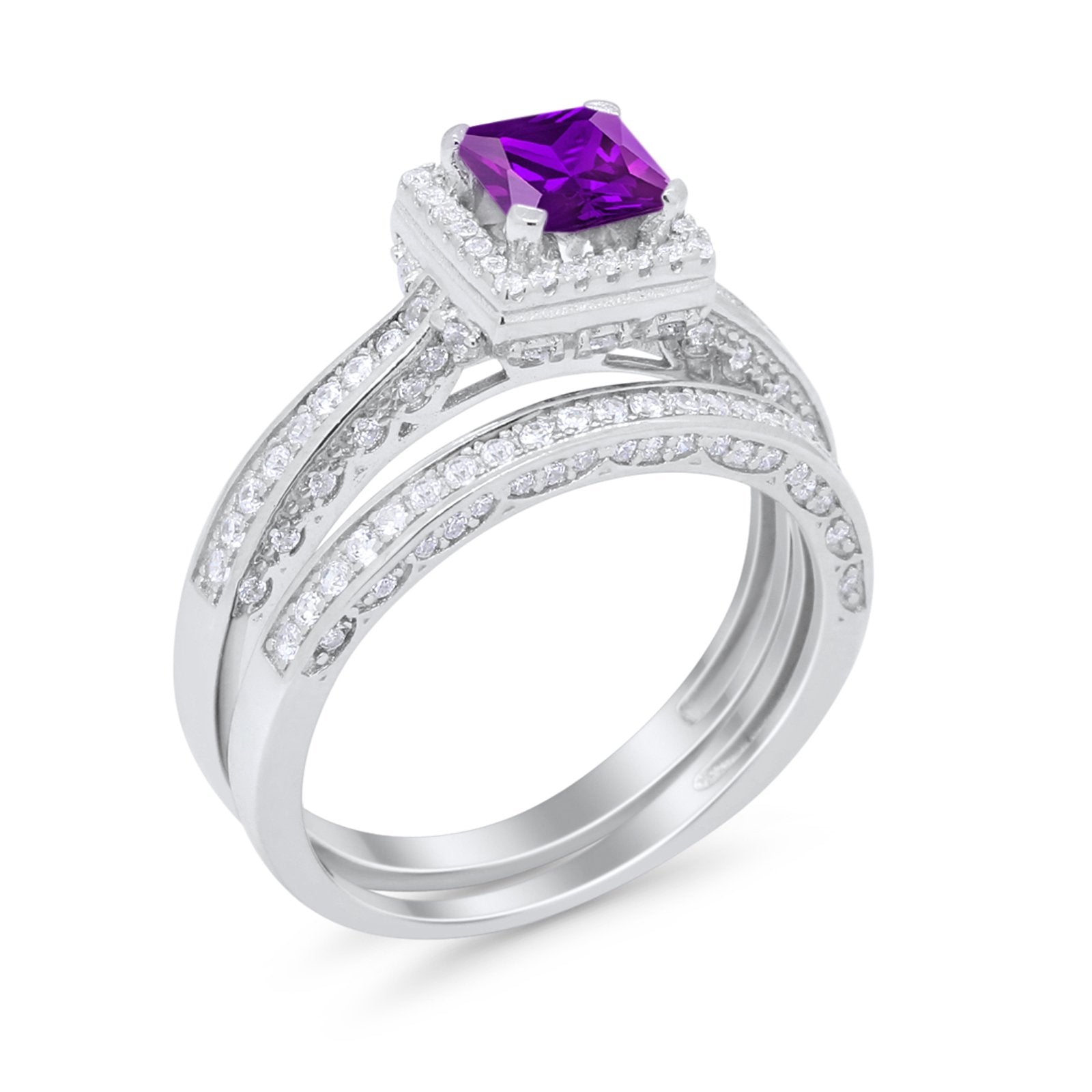 Halo Princess Cut Art Deco Wedding Bridal Set Ring Round Cubic Zirconia 925 Sterling Silver