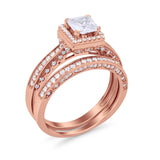 Halo Princess Cut Art Deco Wedding Bridal Set Ring Round Cubic Zirconia 925 Sterling Silver
