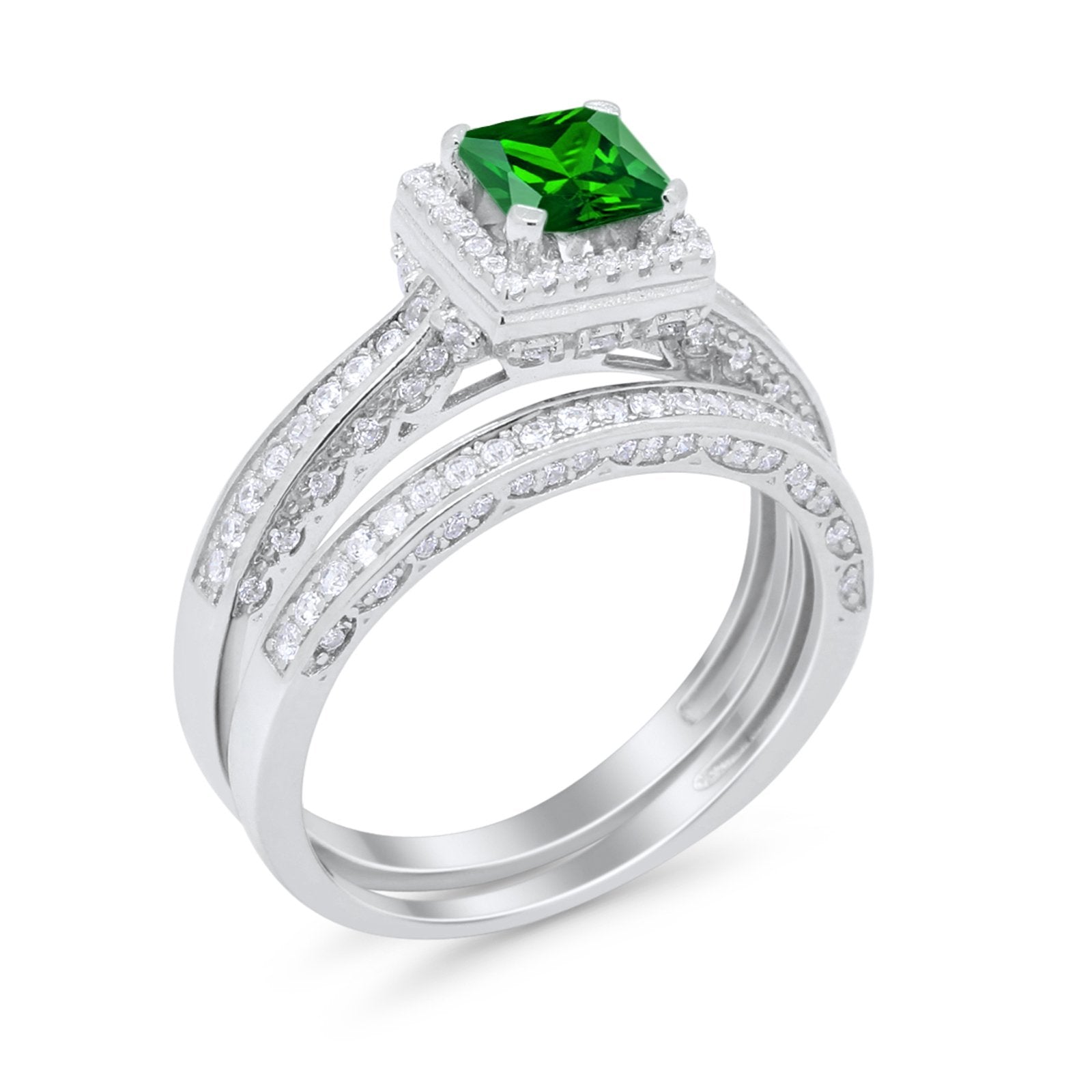 Halo Princess Cut Art Deco Wedding Bridal Set Ring Round Cubic Zirconia 925 Sterling Silver