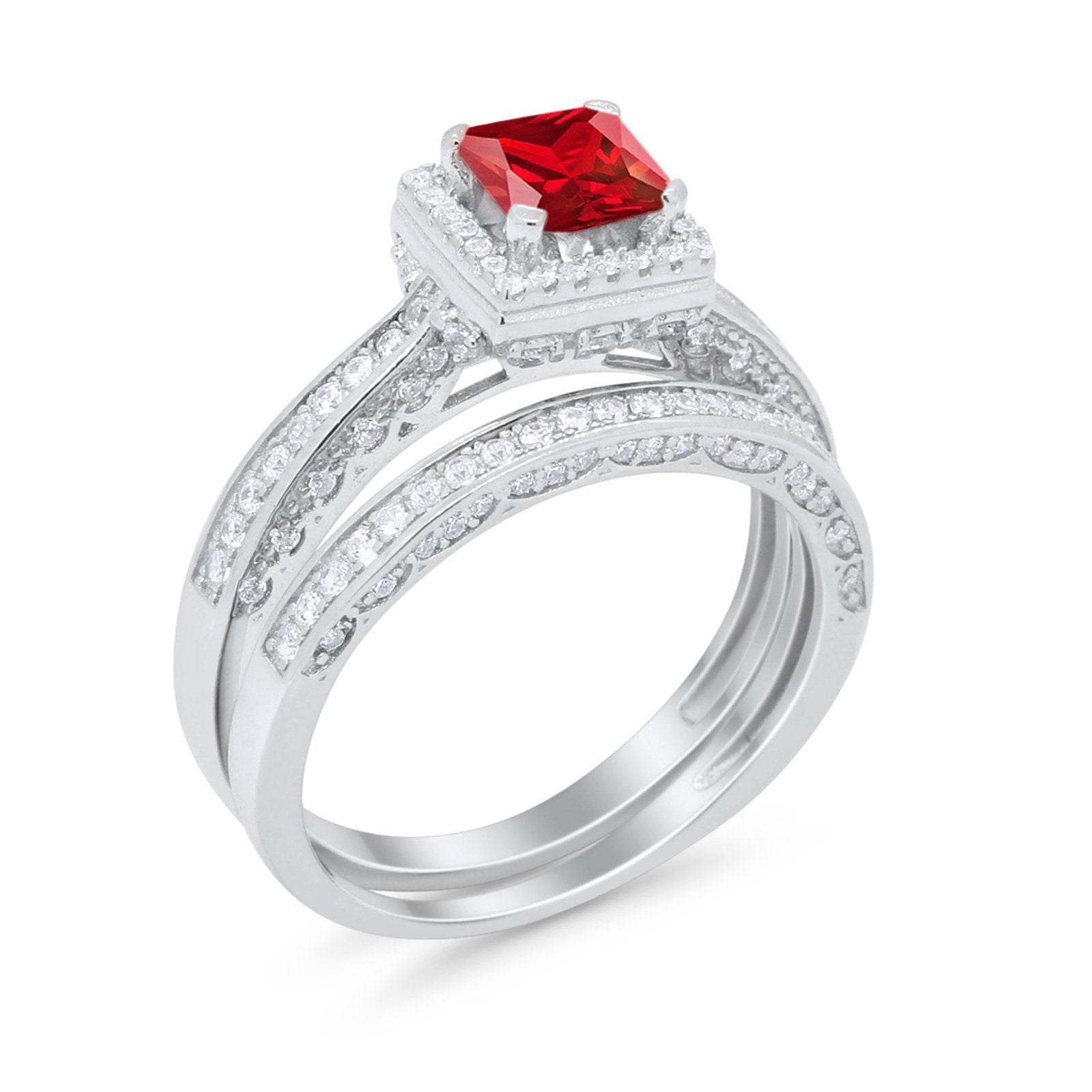 Halo Princess Cut Art Deco Wedding Bridal Set Ring Round Cubic Zirconia 925 Sterling Silver