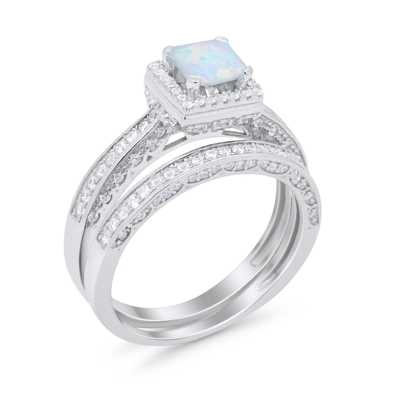 Halo Princess Cut Art Deco Wedding Bridal Set Ring Round Cubic Zirconia 925 Sterling Silver