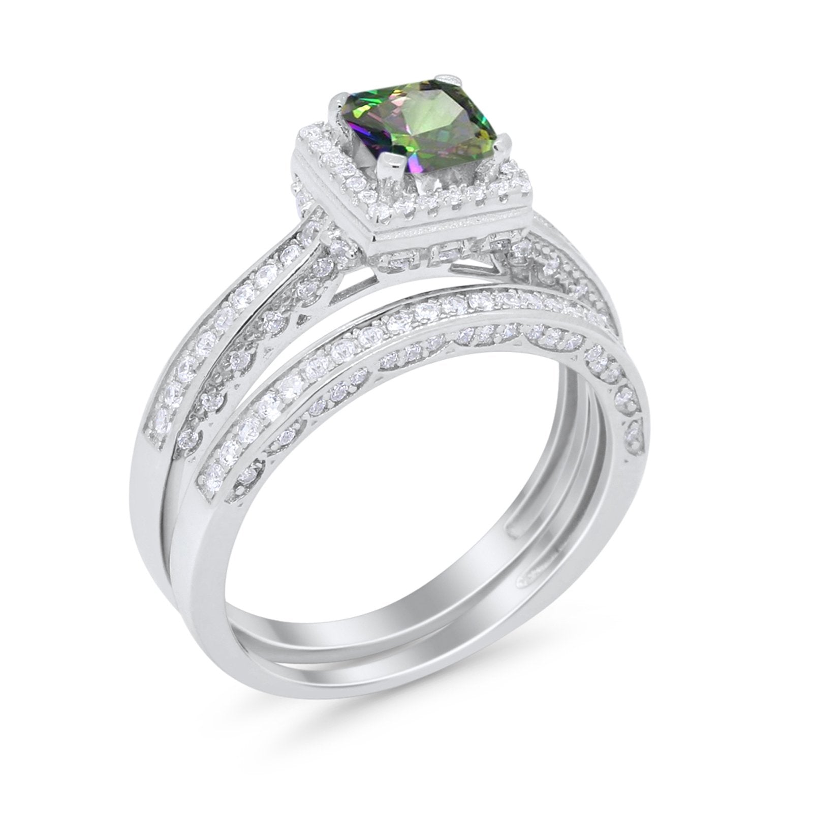Halo Princess Cut Art Deco Wedding Bridal Set Ring Round Cubic Zirconia 925 Sterling Silver
