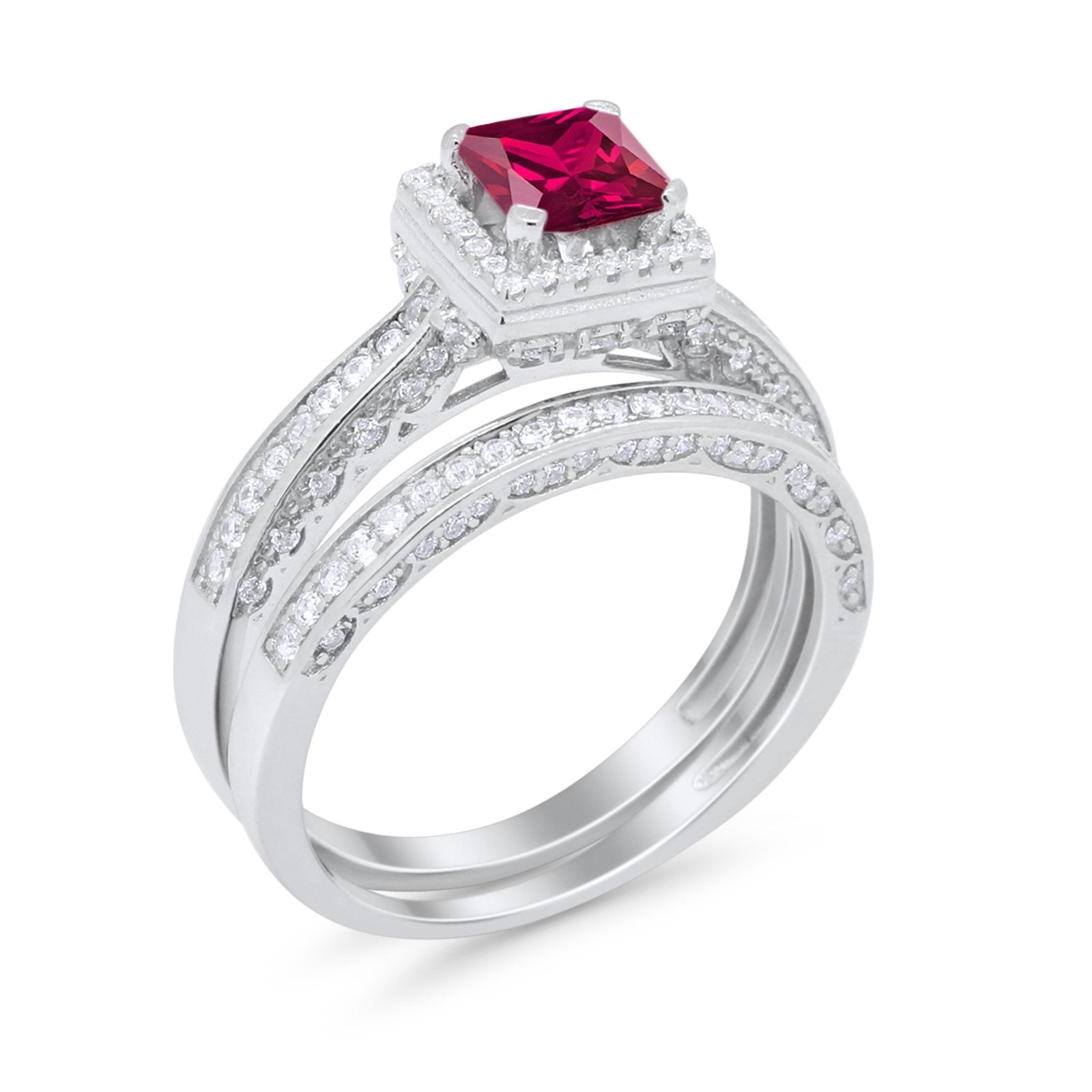 Halo Princess Cut Art Deco Wedding Bridal Set Ring Round Cubic Zirconia 925 Sterling Silver
