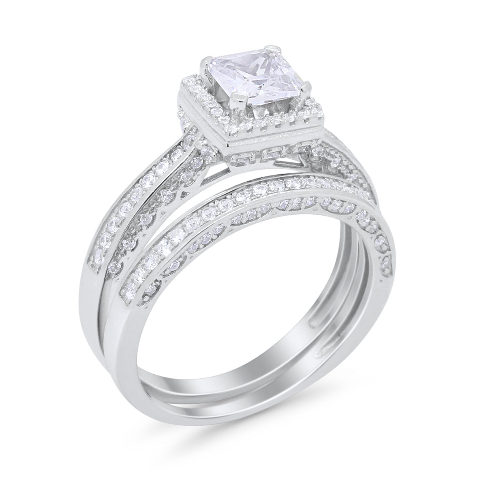 Halo Princess Cut Art Deco Wedding Bridal Set Ring Round Cubic Zirconia 925 Sterling Silver
