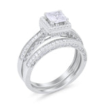 Halo Princess Cut Art Deco Wedding Bridal Set Ring Round Cubic Zirconia 925 Sterling Silver