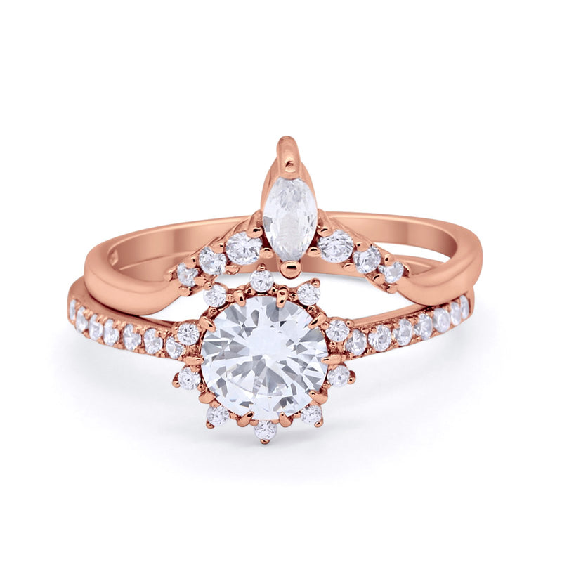 Two Piece Art Deco Bridal Set Band Ring Round Marquise Cubic Zirconia 925 Sterling Silver