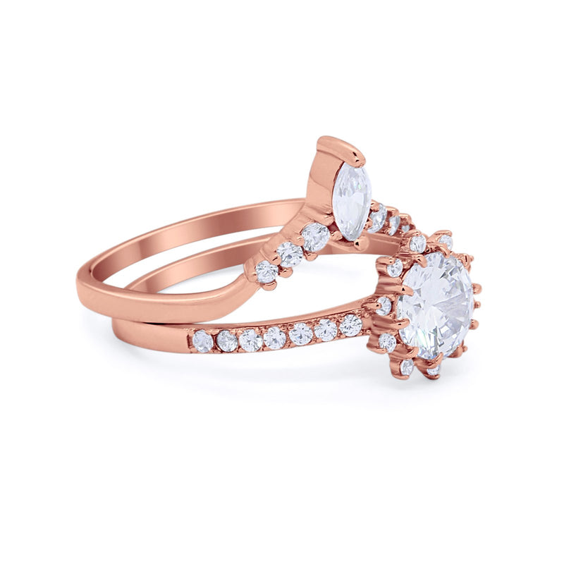 Two Piece Art Deco Bridal Set Band Ring Round Marquise Cubic Zirconia 925 Sterling Silver