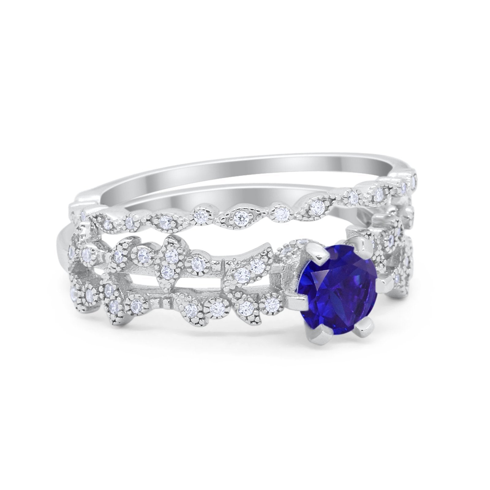Wedding Engagement Ring Band Bridal Set Round Cubic Zirconia 925 Sterling Silver Art Deco