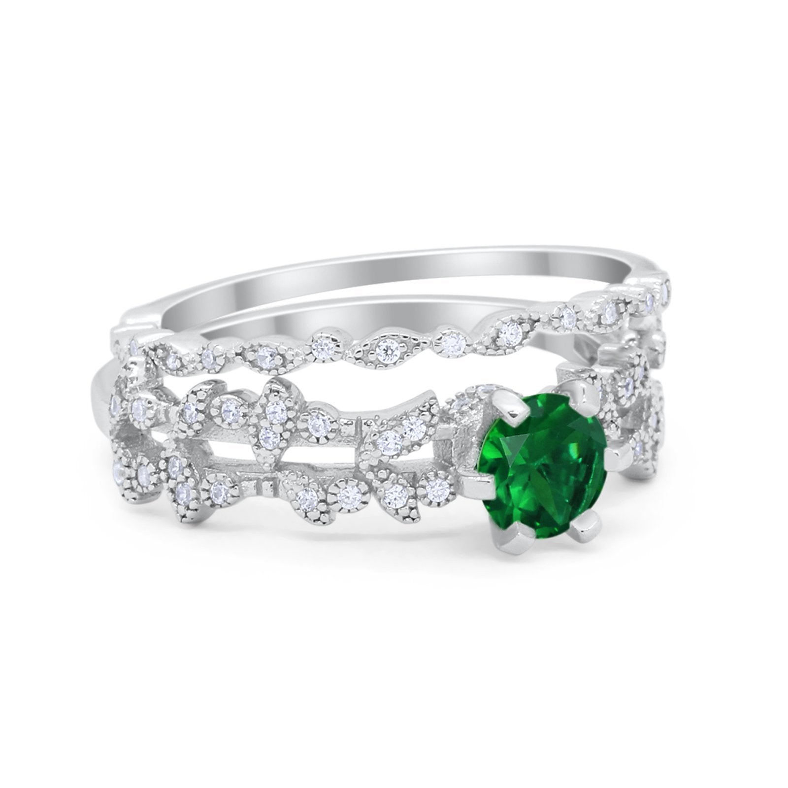 Wedding Engagement Ring Band Bridal Set Round Cubic Zirconia 925 Sterling Silver Art Deco