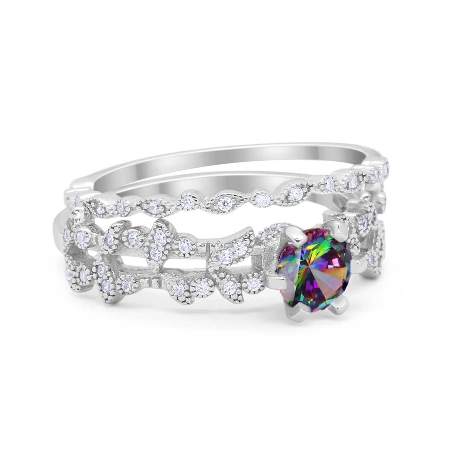 Wedding Engagement Ring Band Bridal Set Round Cubic Zirconia 925 Sterling Silver Art Deco