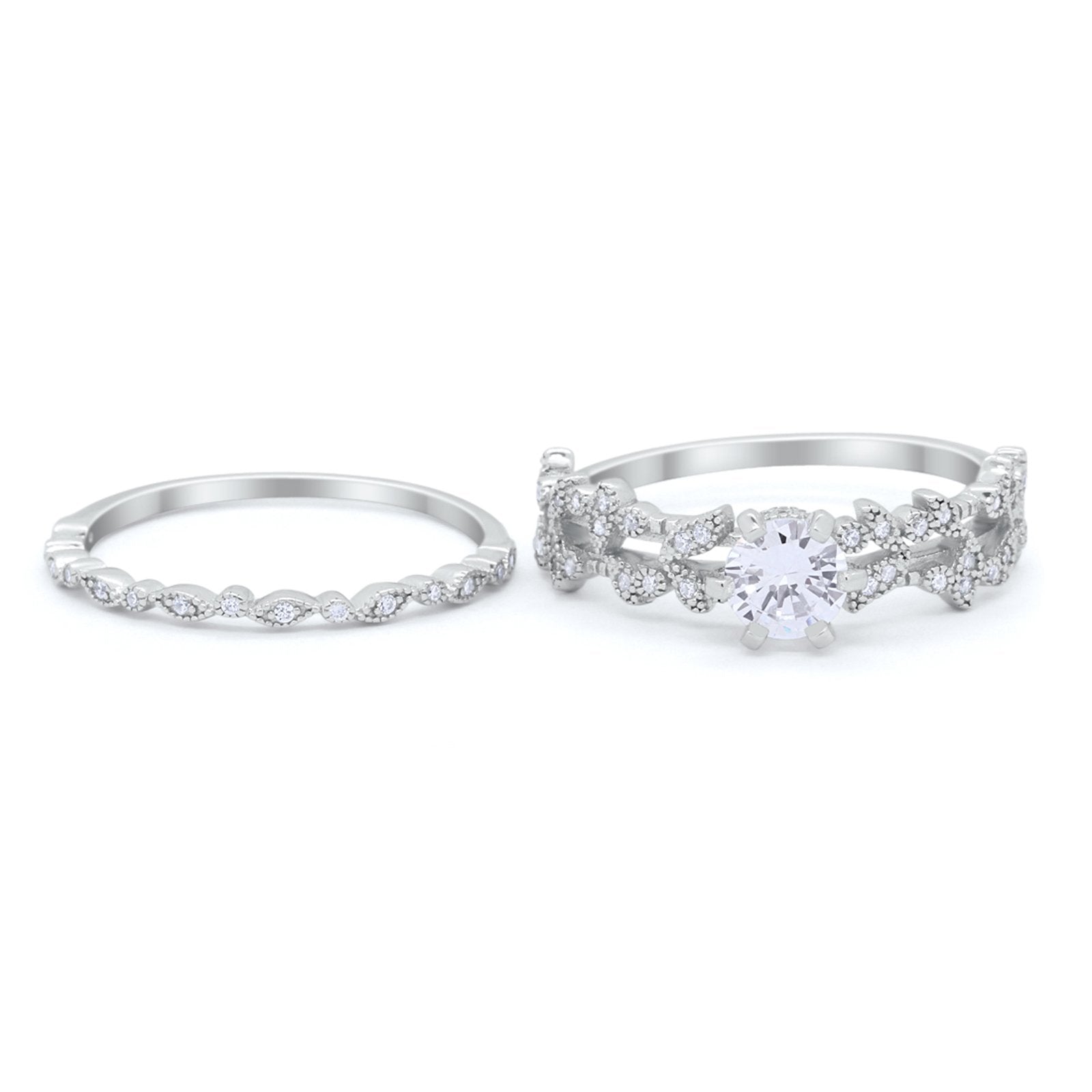Wedding Engagement Ring Band Bridal Set Round Cubic Zirconia 925 Sterling Silver Art Deco