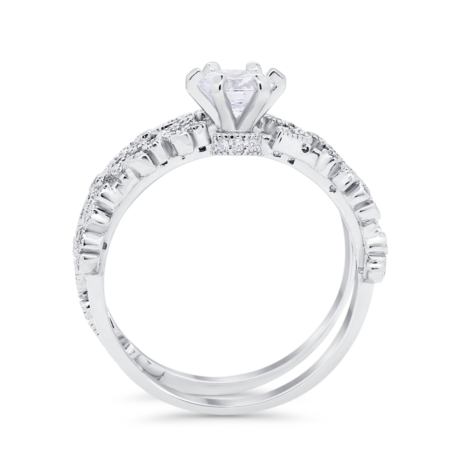 Wedding Engagement Ring Band Bridal Set Round Cubic Zirconia 925 Sterling Silver Art Deco