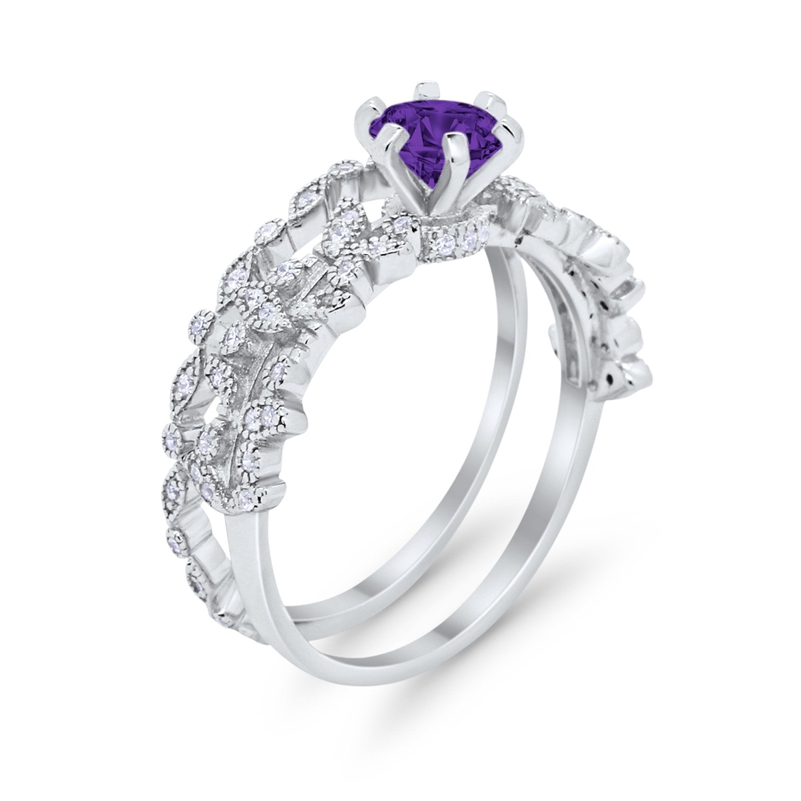 Wedding Engagement Ring Band Bridal Set Round Cubic Zirconia 925 Sterling Silver Art Deco