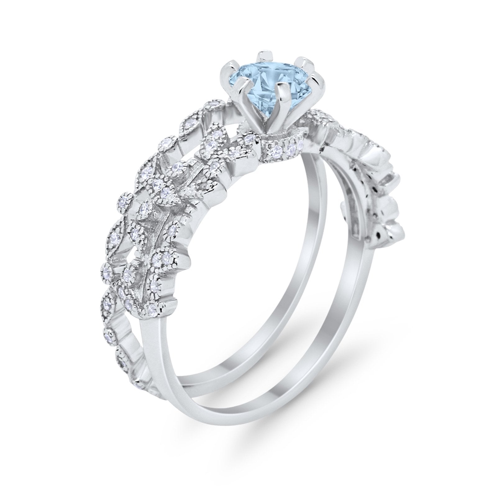 Wedding Engagement Ring Band Bridal Set Round Cubic Zirconia 925 Sterling Silver Art Deco