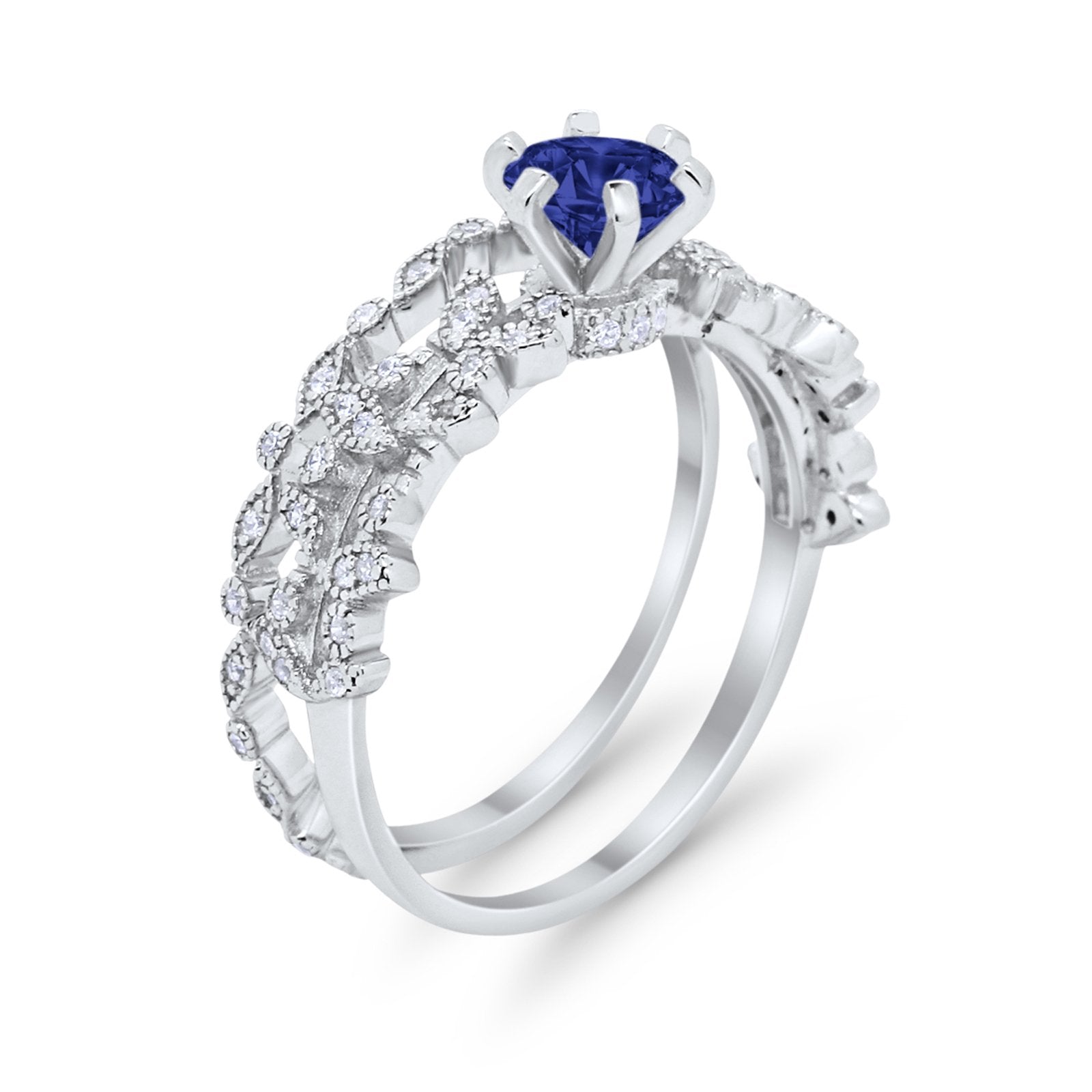 Wedding Engagement Ring Band Bridal Set Round Cubic Zirconia 925 Sterling Silver Art Deco
