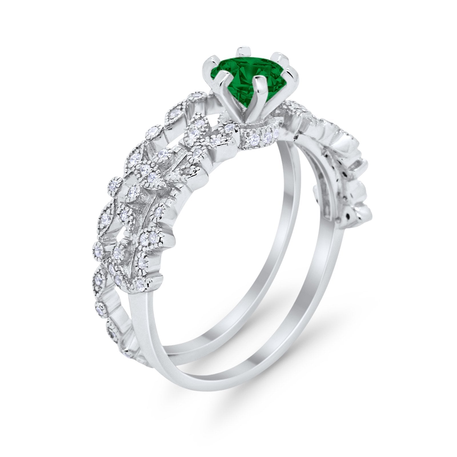 Wedding Engagement Ring Band Bridal Set Round Cubic Zirconia 925 Sterling Silver Art Deco