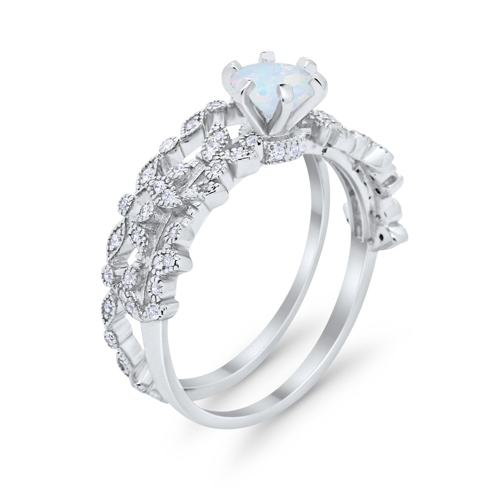 Wedding Engagement Ring Band Bridal Set Round Cubic Zirconia 925 Sterling Silver Art Deco