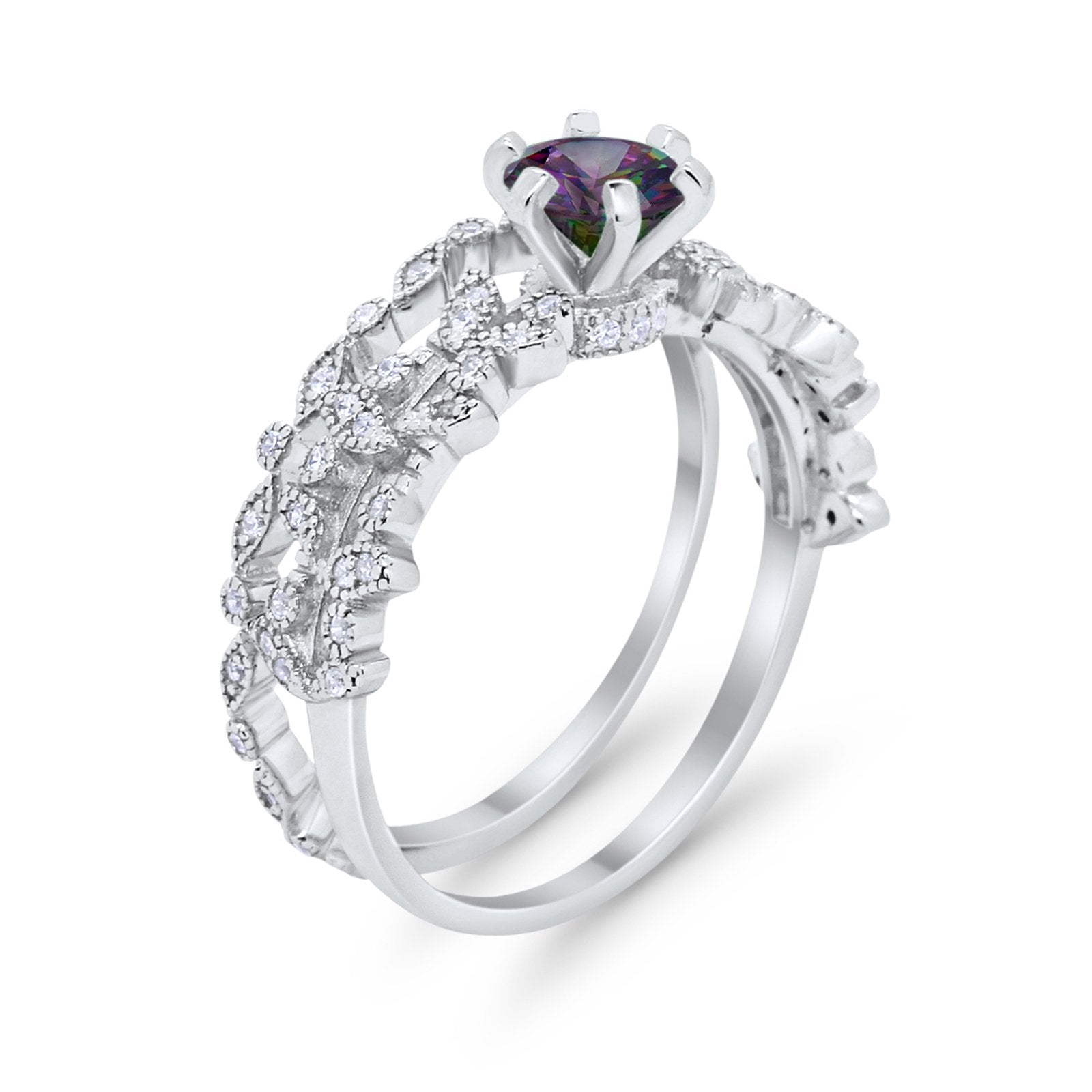 Wedding Engagement Ring Band Bridal Set Round Cubic Zirconia 925 Sterling Silver Art Deco