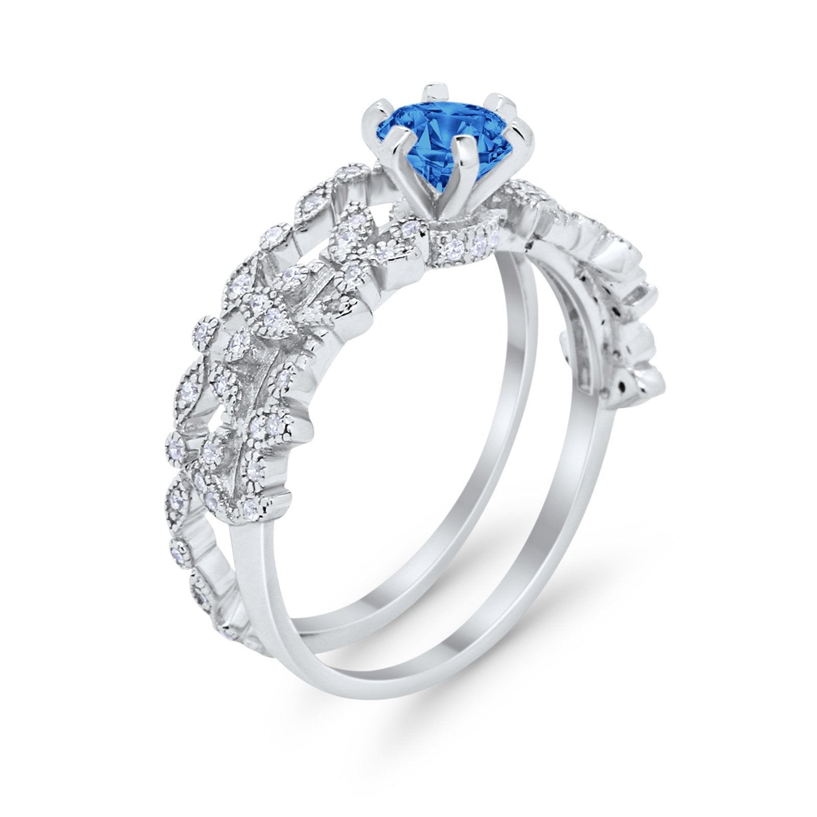 Wedding Engagement Ring Band Bridal Set Round Cubic Zirconia 925 Sterling Silver Art Deco