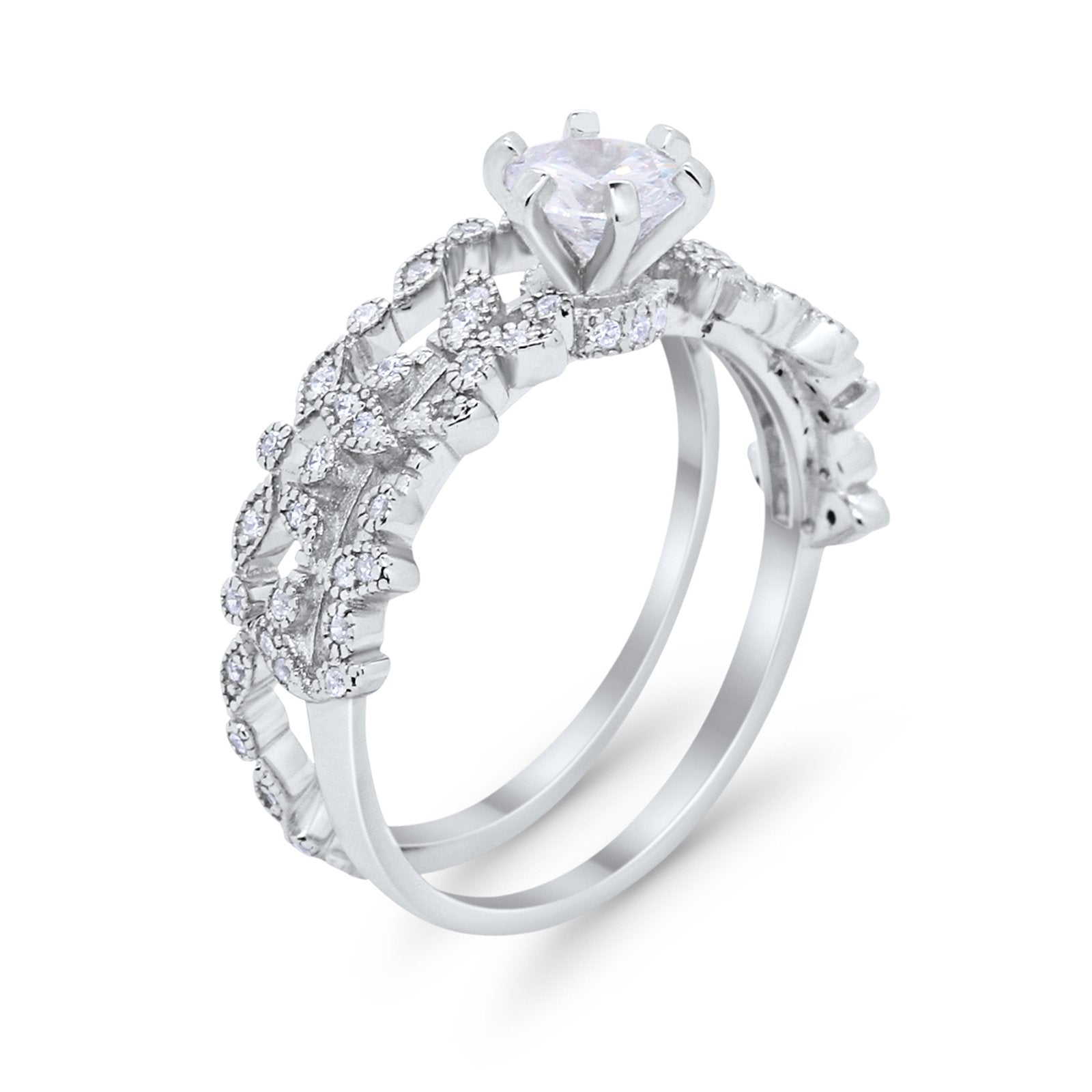 Wedding Engagement Ring Band Bridal Set Round Cubic Zirconia 925 Sterling Silver Art Deco