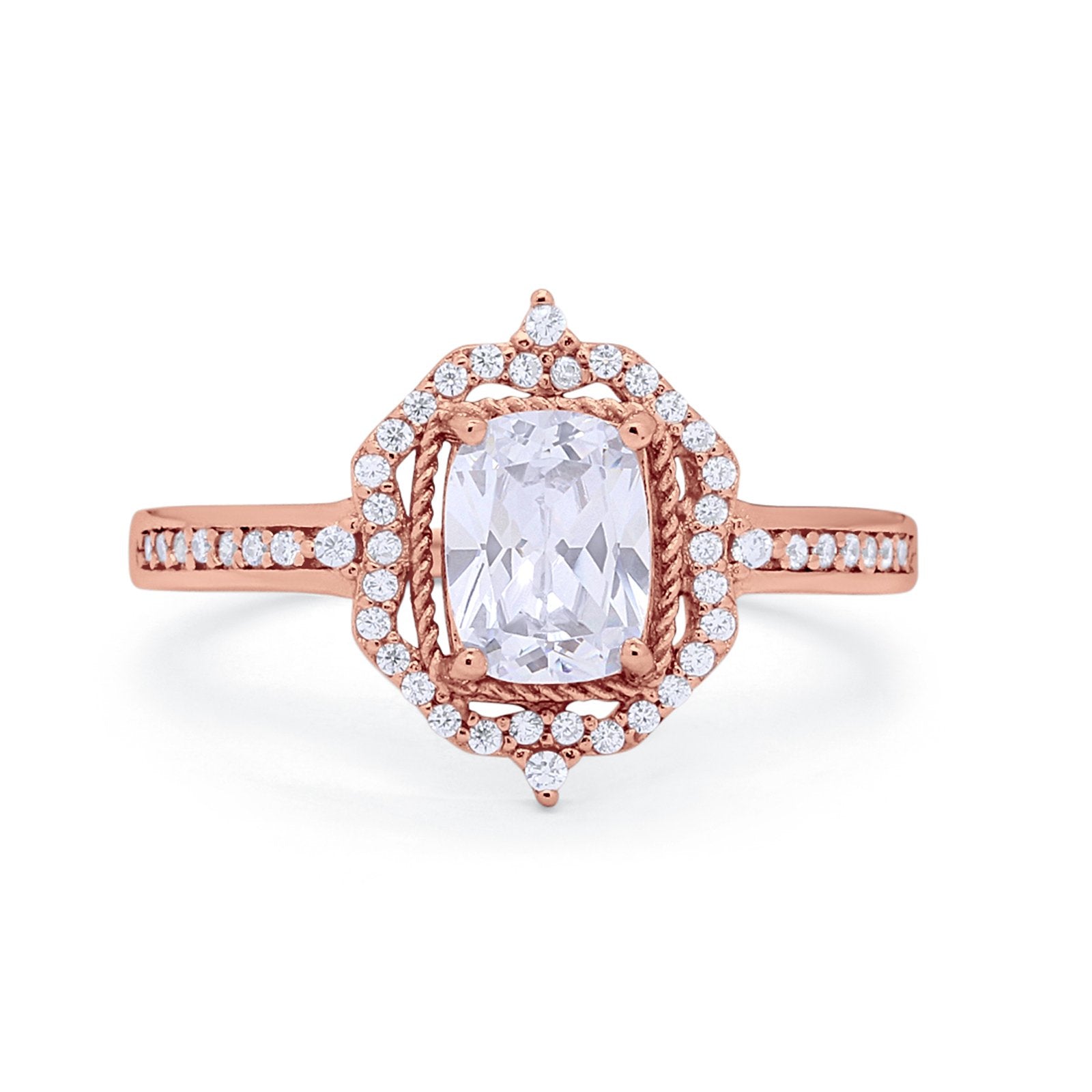 Halo Emerald Cut Wedding Engagement Bridal Ring Round Cubic Zirconia 925 Sterling Silver