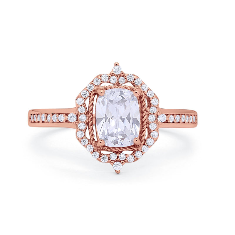 Halo Emerald Cut Wedding Engagement Bridal Ring Round Cubic Zirconia 925 Sterling Silver