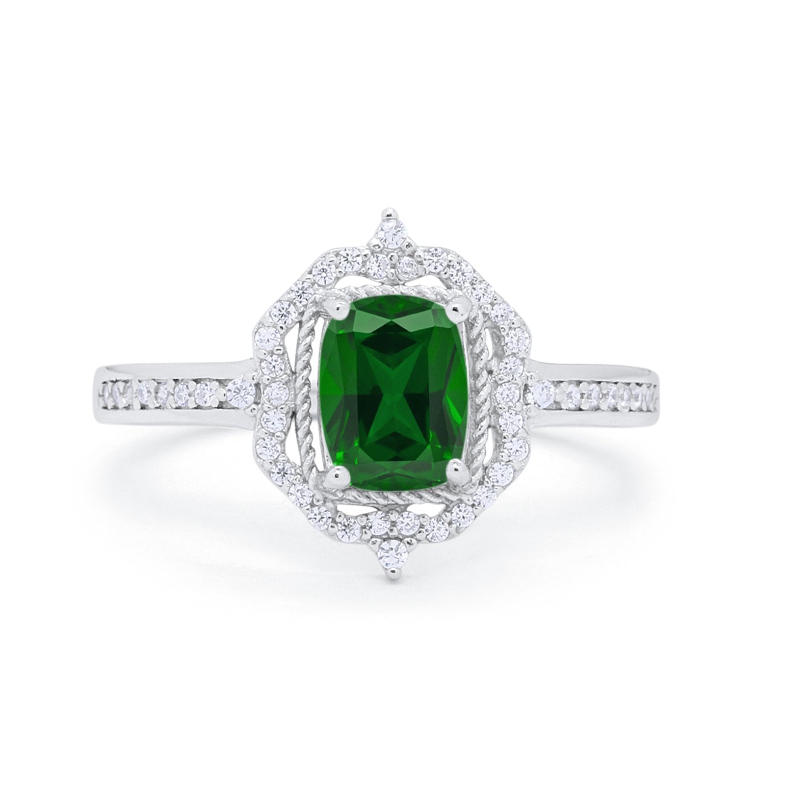 Halo Emerald Cut Wedding Engagement Bridal Ring Round Cubic Zirconia 925 Sterling Silver