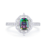 Halo Emerald Cut Wedding Engagement Bridal Ring Round Cubic Zirconia 925 Sterling Silver