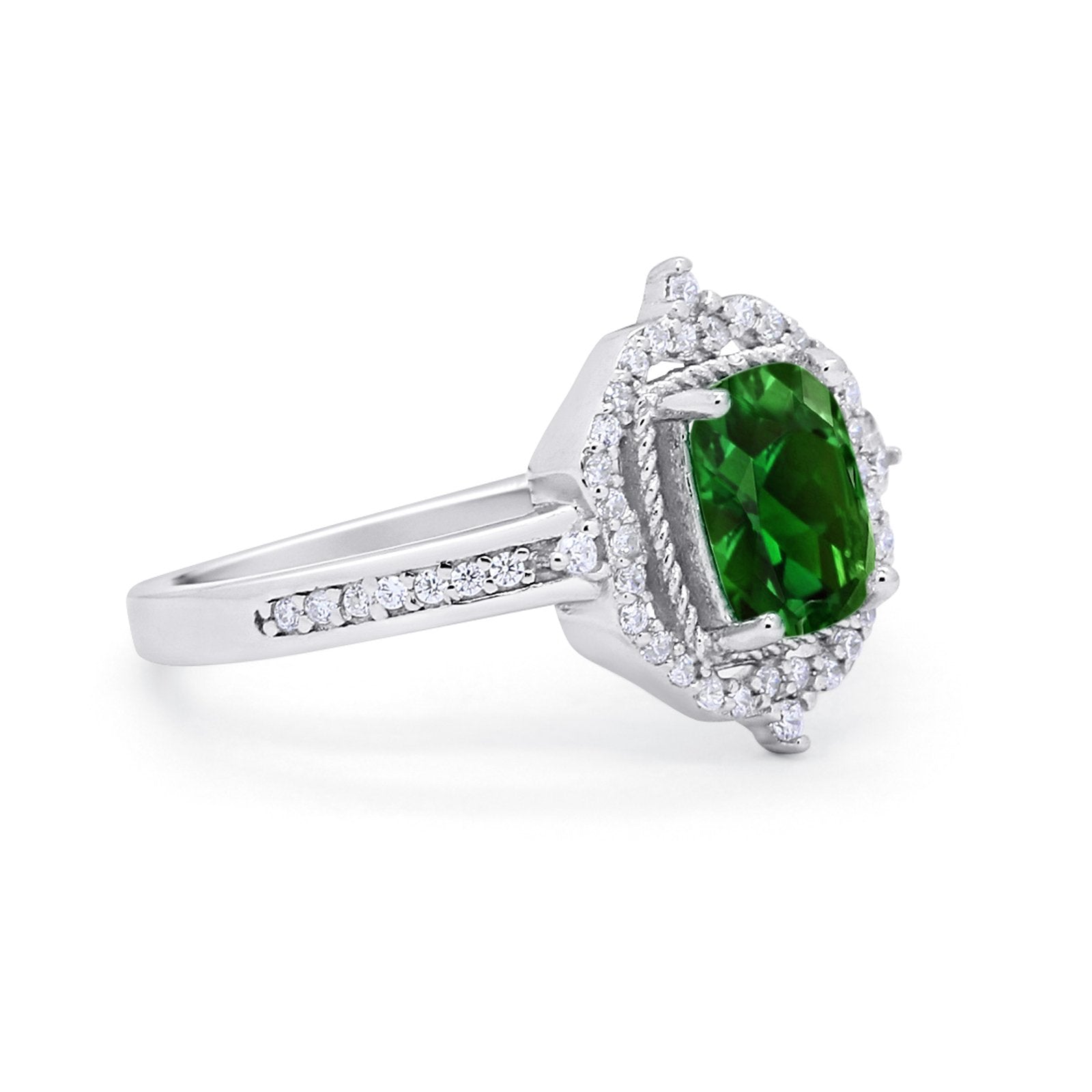 Halo Emerald Cut Wedding Engagement Bridal Ring Round Cubic Zirconia 925 Sterling Silver