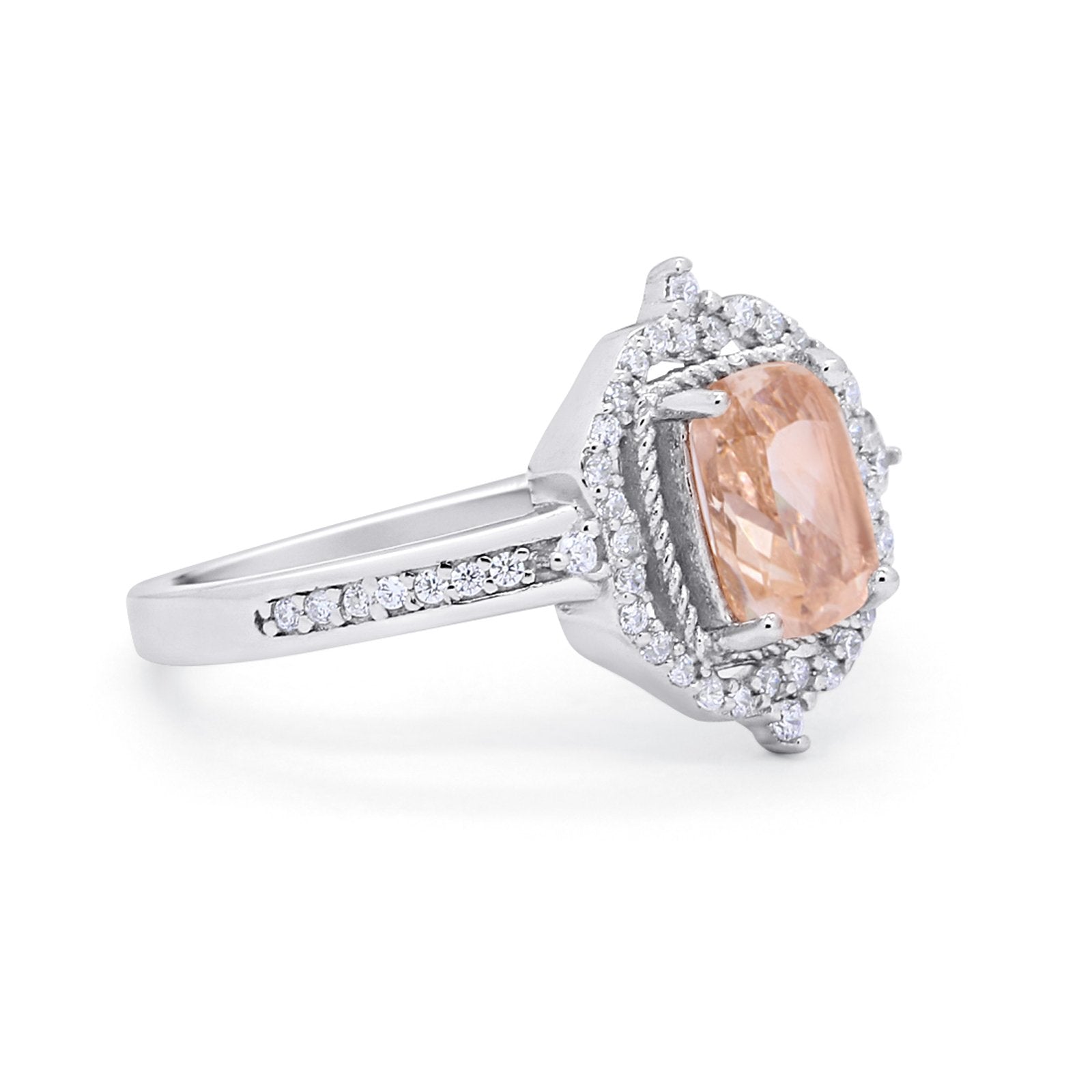 Halo Emerald Cut Wedding Engagement Bridal Ring Round Cubic Zirconia 925 Sterling Silver