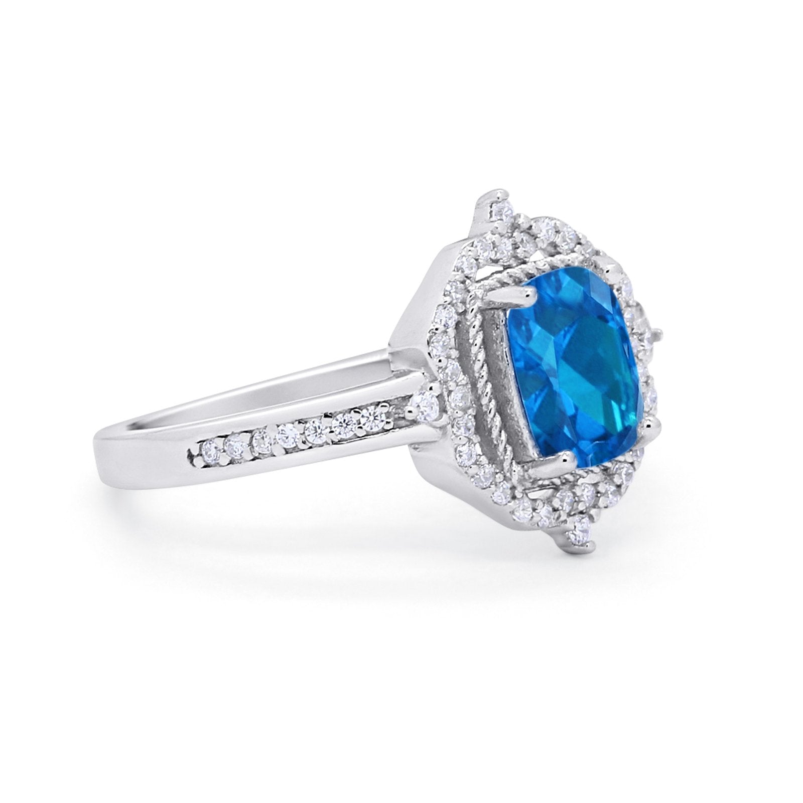 Halo Emerald Cut Wedding Engagement Bridal Ring Round Cubic Zirconia 925 Sterling Silver