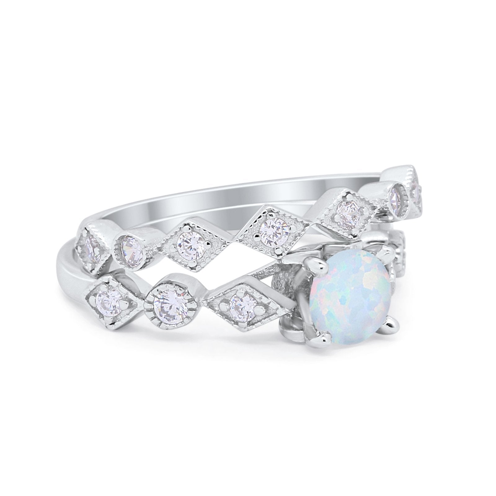 Two Piece Art Deco Engagement Ring Wedding Band Bridal Set Round Cubic Zirconia 925 Sterling Silver