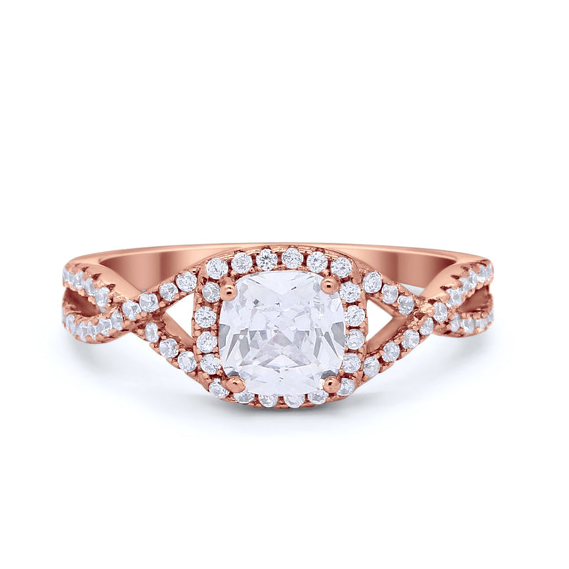 Art Deco Halo Cushion Infinity Shank Wedding Ring Round Cubic Zirconia 925 Sterling Silver