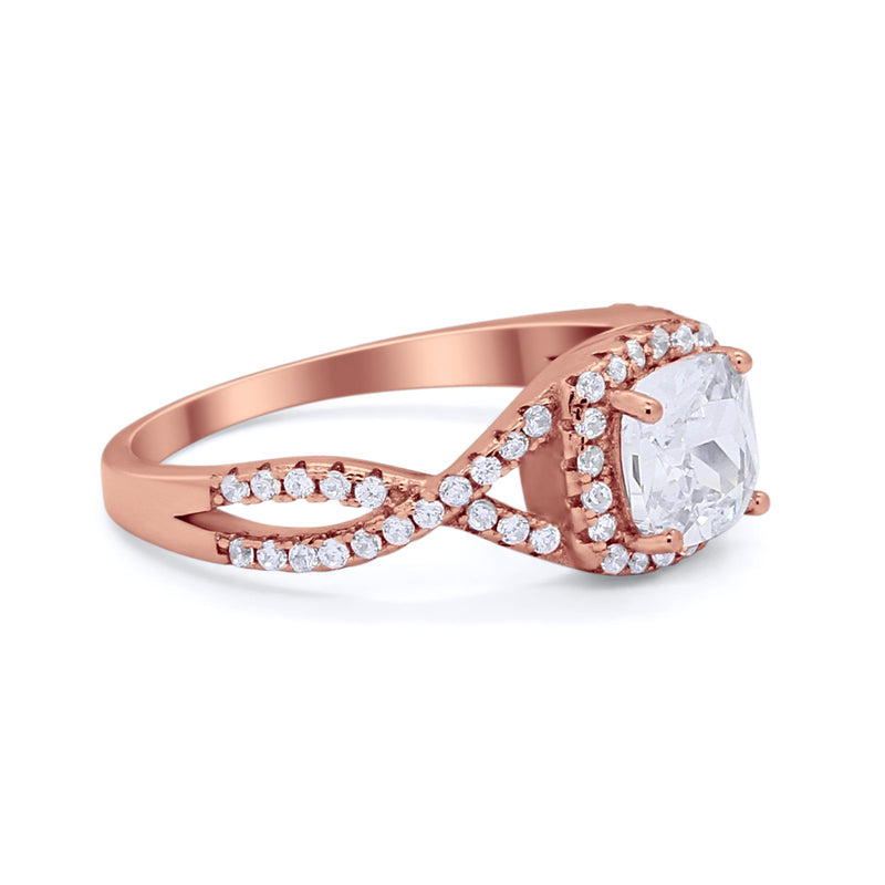 Art Deco Halo Cushion Infinity Shank Wedding Ring Round Cubic Zirconia 925 Sterling Silver