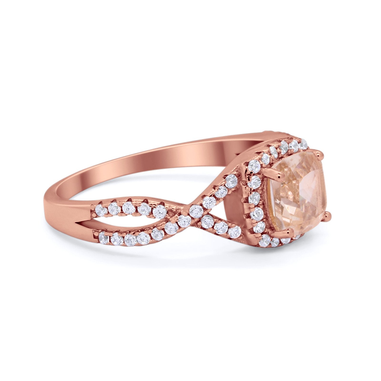 Art Deco Halo Cushion Infinity Shank Wedding Ring Round Cubic Zirconia 925 Sterling Silver