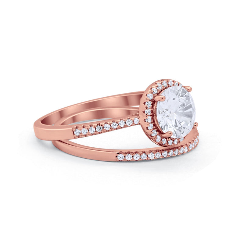 Two Piece Halo Art Deco Bridal Set Wedding Engagement Ring Band 925 Sterling Silver Round Cubic Zirconia
