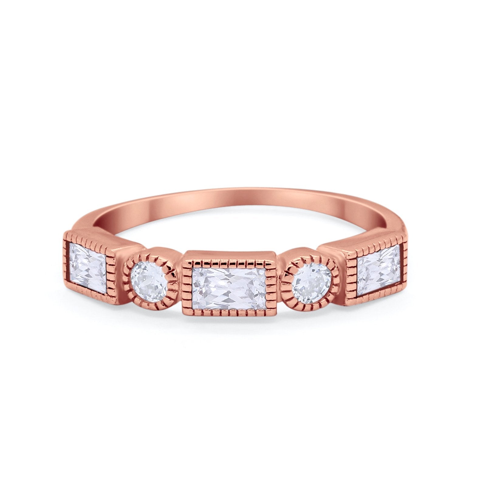 Half Eternity Band Alternating Baguette Ring Round 925 Sterling Silver