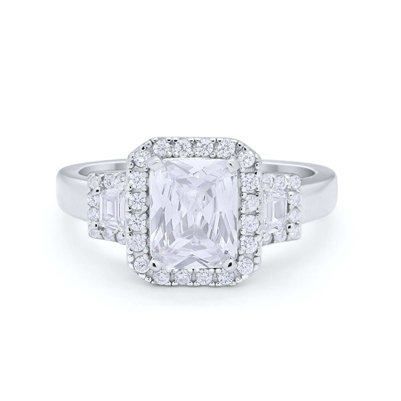 Three Stone Wedding Ring Emerald Cut Baguette Cubic Zirconia 925 Sterling Silver