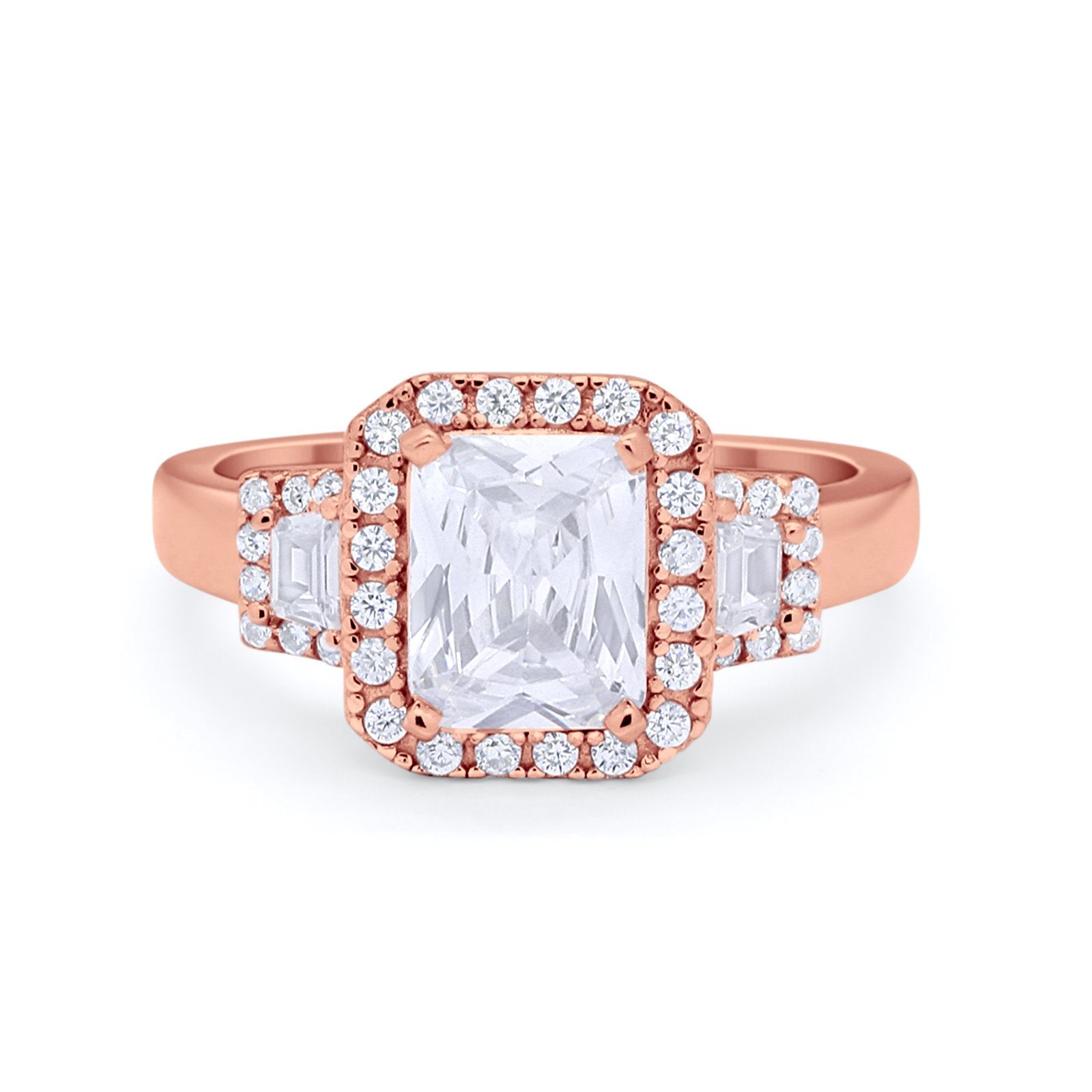 Three Stone Wedding Ring Emerald Cut Baguette Cubic Zirconia 925 Sterling Silver
