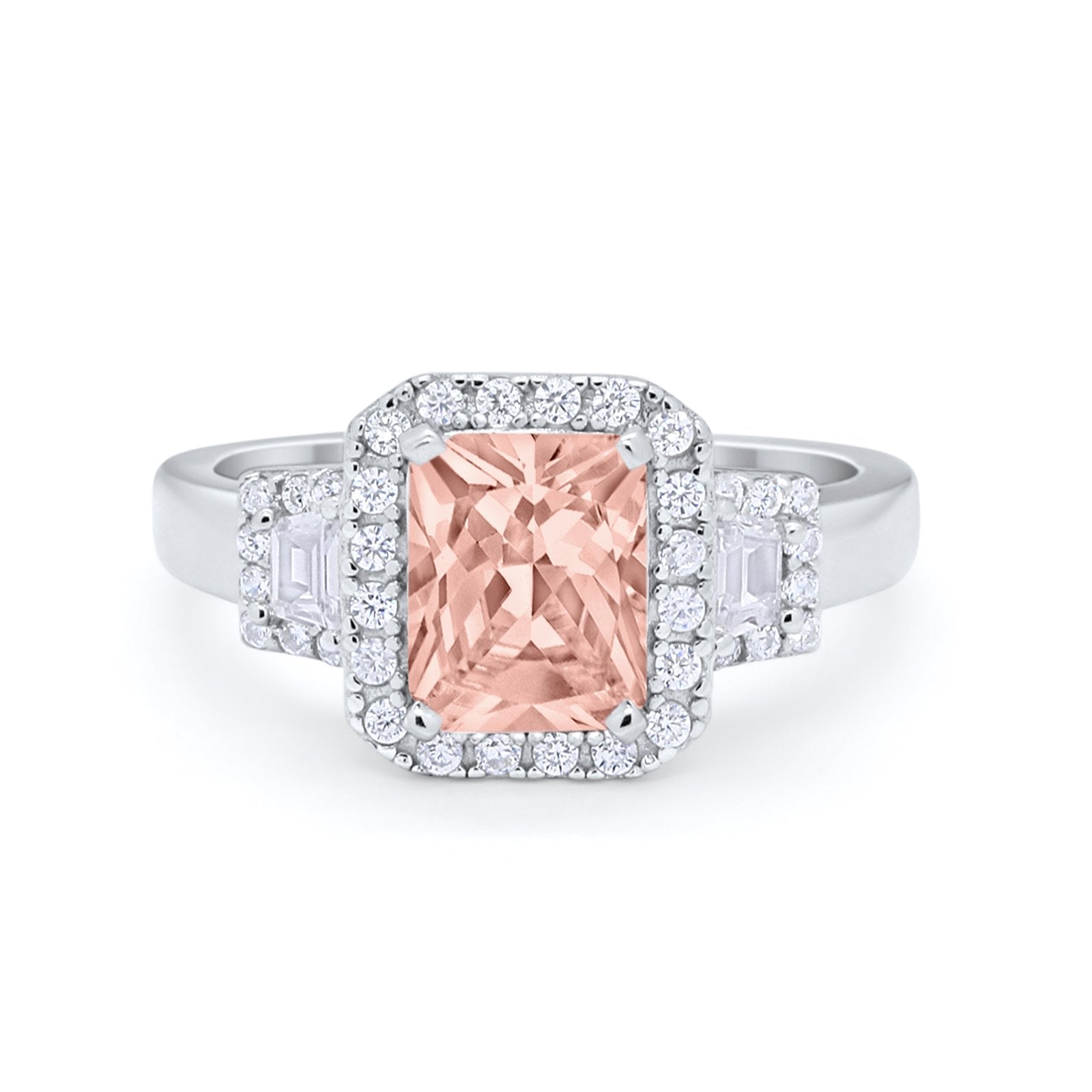 Three Stone Wedding Ring Emerald Cut Baguette Cubic Zirconia 925 Sterling Silver