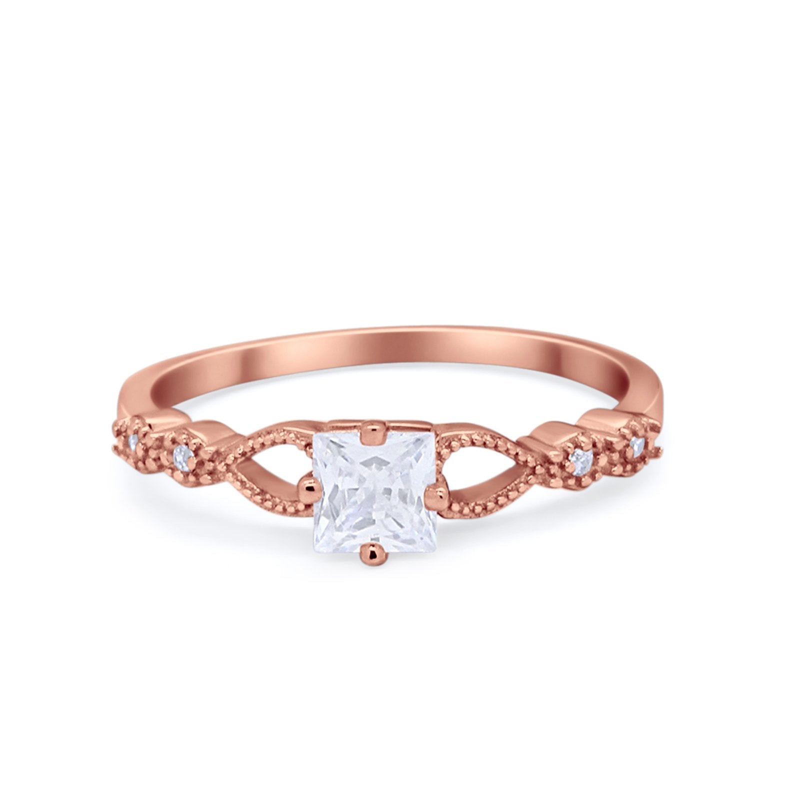 Art Deco Petite Dainty Princess Cut Wedding Ring Round Cubic Zirconia 925 Sterling Silver
