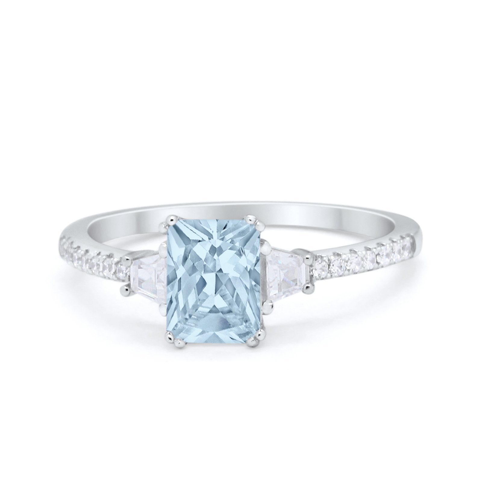 Emerald Cut Three Stone Wedding Ring Round Cubic Zirconia 925 Sterling Silver
