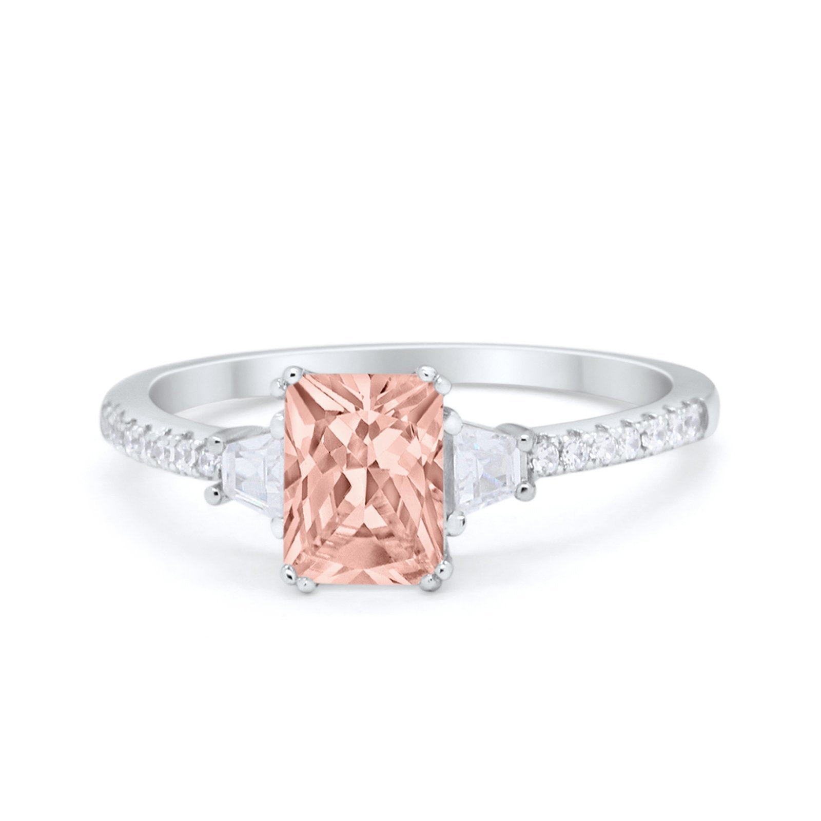 Emerald Cut Three Stone Wedding Ring Round Cubic Zirconia 925 Sterling Silver